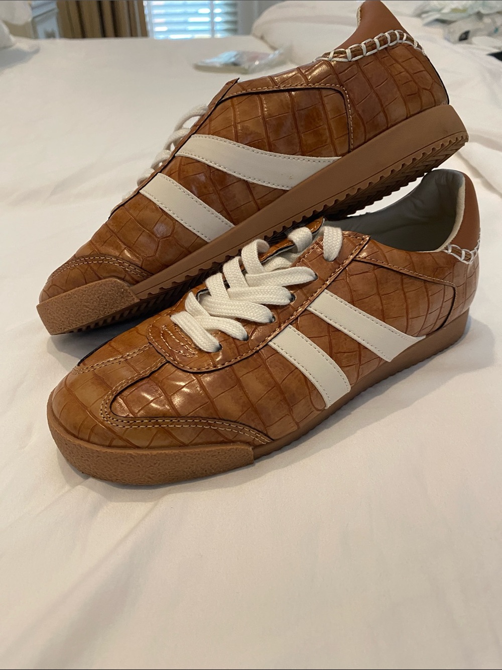 Steve Madden.  Brown Croc-Embossed Sneakers with White Stripes